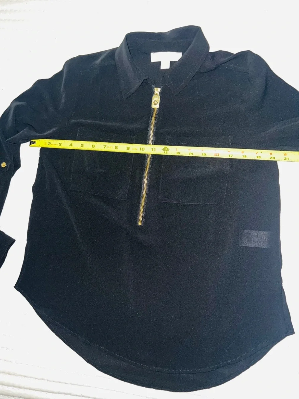 Michael Kors Black Gold Half Dog Tag Zip Blouse with Roll Up Sleeves Size Medium